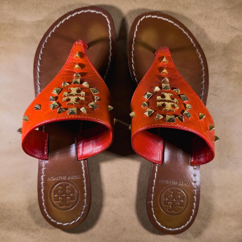 TORY BURCH  “DALE" Gold Studded Thong Flat Leather Sandal - Orange Size 7